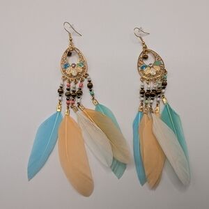 Boho Feather Chandelier Earrings Beaded Pierced Multi Color 5.5" NEW (Pair #2)